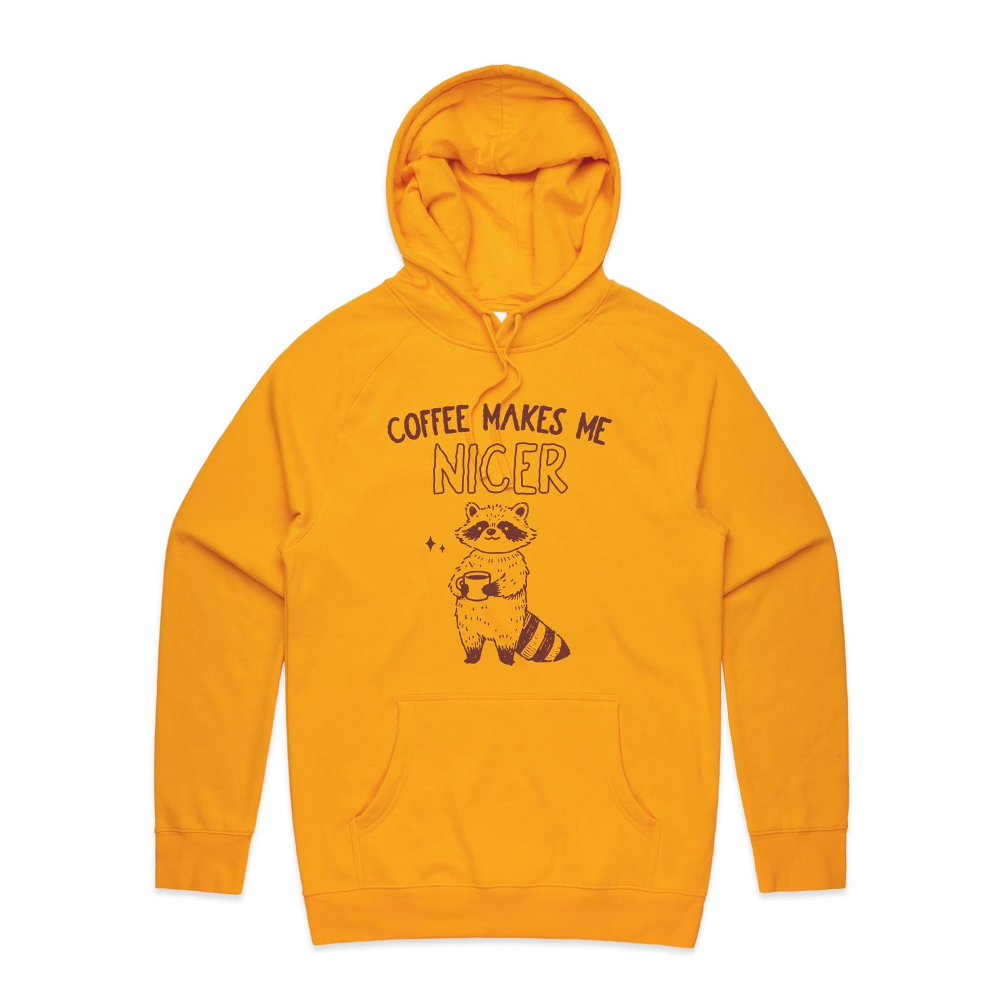 Coffee Makes Me Nicer, Raccoon - Mens Hoodie Gold Mens Hoodie animal Coffee Printed In Australia