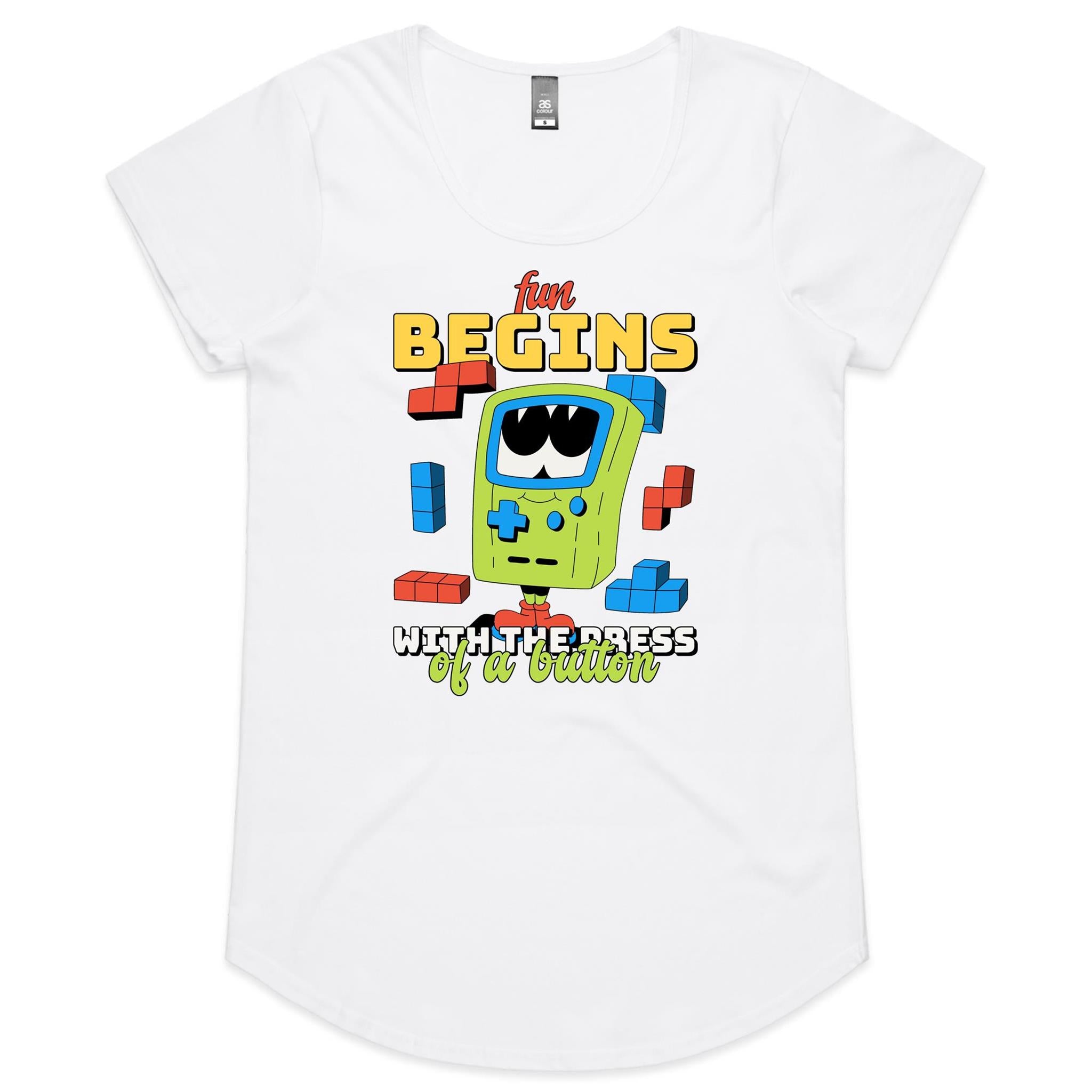 Fun Begins With The Press Of A Button, Game Console - Womens Scoop Neck T-Shirt White Womens Scoop Neck T-shirt Games Printed In Australia
