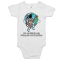 Astronaut, All We Need Is Love, Peace And A Little Space AS Colour Baby Bodysuit White Baby Bodysuit Music Printed In Australia Space