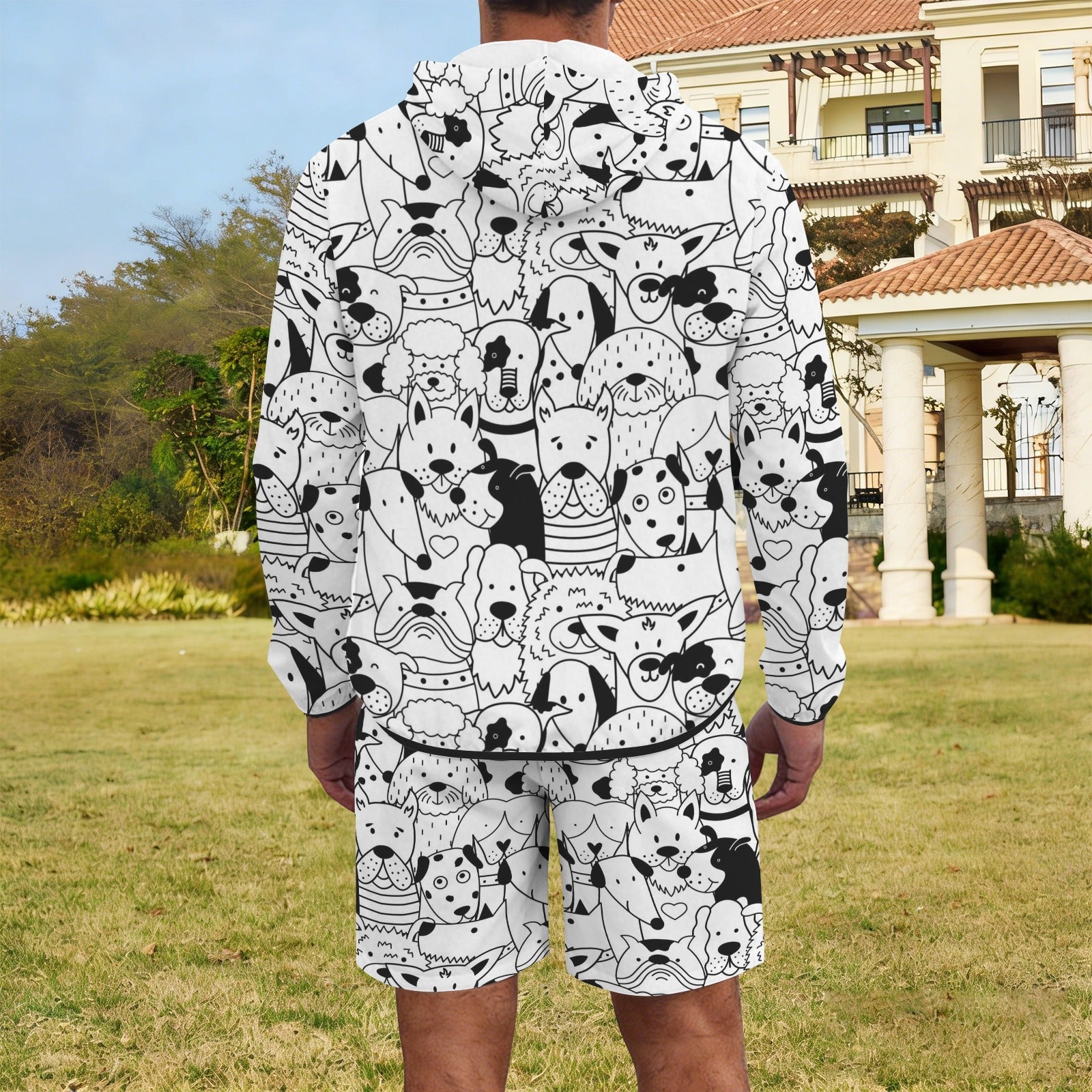 Black And White Dogs Men's Lightweight Sun Hoodie & Shorts Set Men's Lightweight Sun Hoodie & Shorts animal Printed Offshore