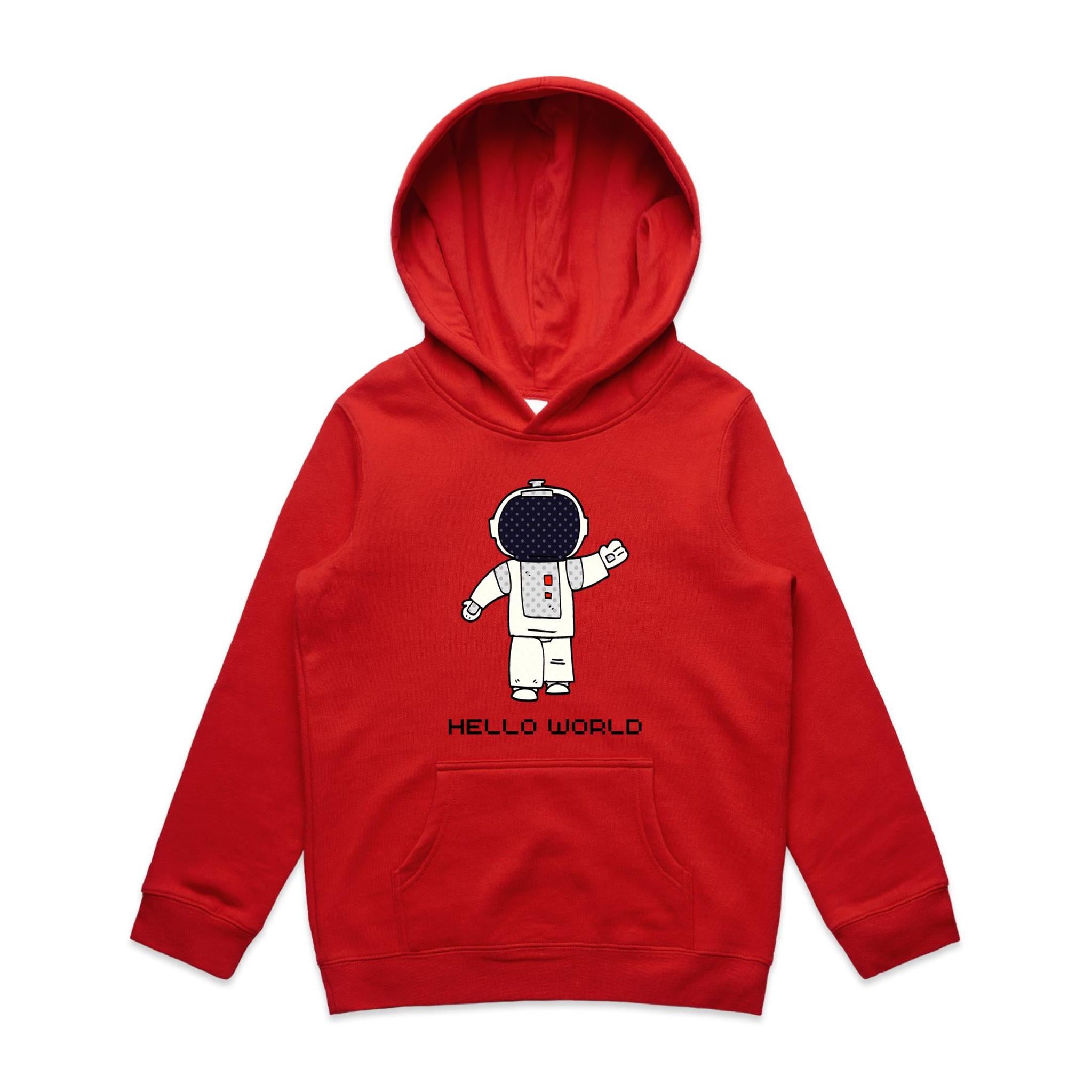 Astronaut, Hello World - Kids Hoodie Red Kids Hoodie Printed In Australia