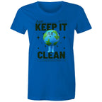 Earth, Just Keep It Clean - Womens T-shirt Bright Royal Womens T-shirt Environment Printed In Australia