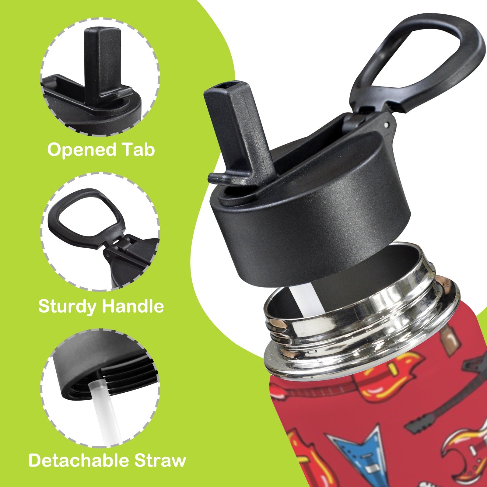 Guitars On Red 12oz Kids Water Bottle with Straw Lid