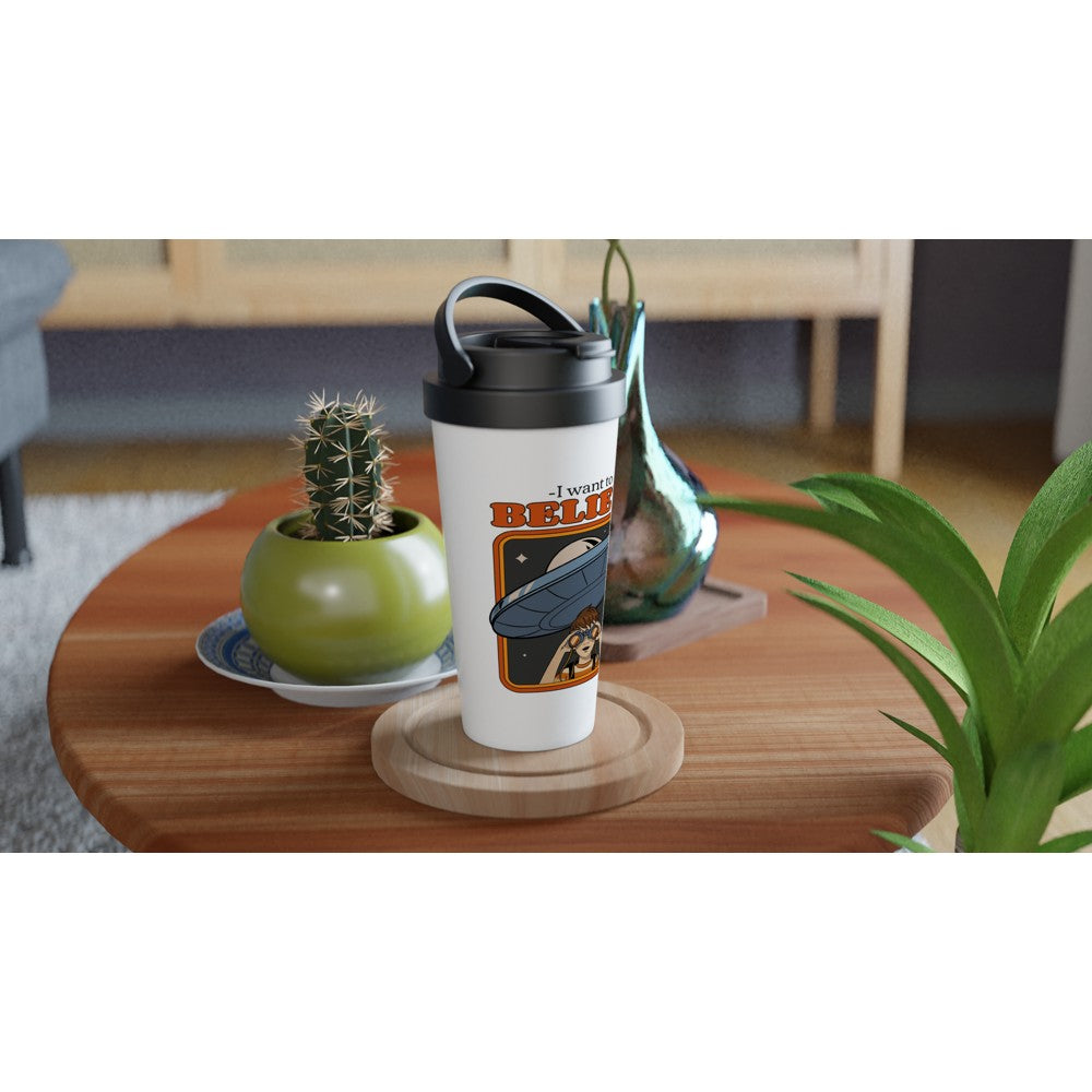 I Want To Believe - White 15oz Stainless Steel Travel Mug Travel Mug Globally Fulfilled Retro Sci Fi