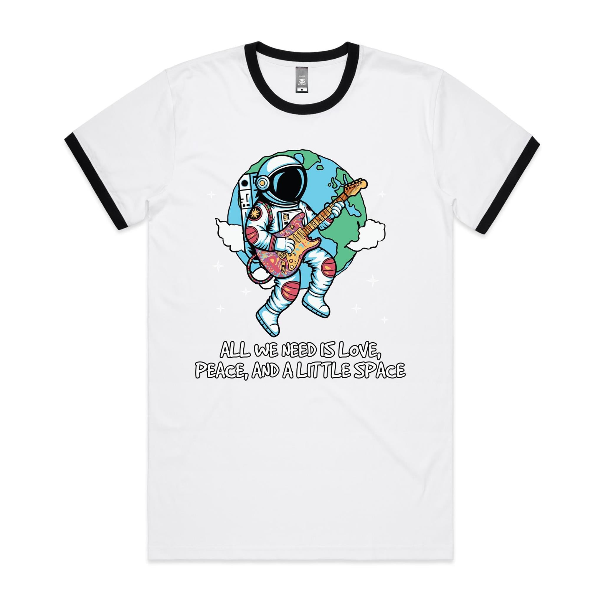 Astronaut, All We Need Is Love, Peace And A Little Space - Staple Ringer Tee White Black Ringer T-Shirt Music Printed In Australia Space