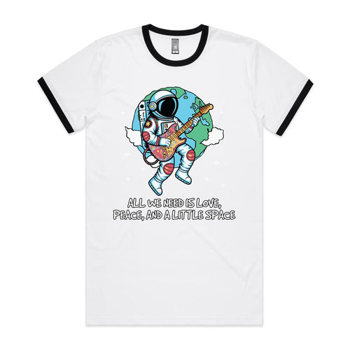 Astronaut, All We Need Is Love, Peace And A Little Space - Staple Ringer Tee White Black Ringer T-Shirt Music Printed In Australia Space