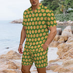 Yellow Flowers On Green Men's Hawaiian Shirt & Shorts Set