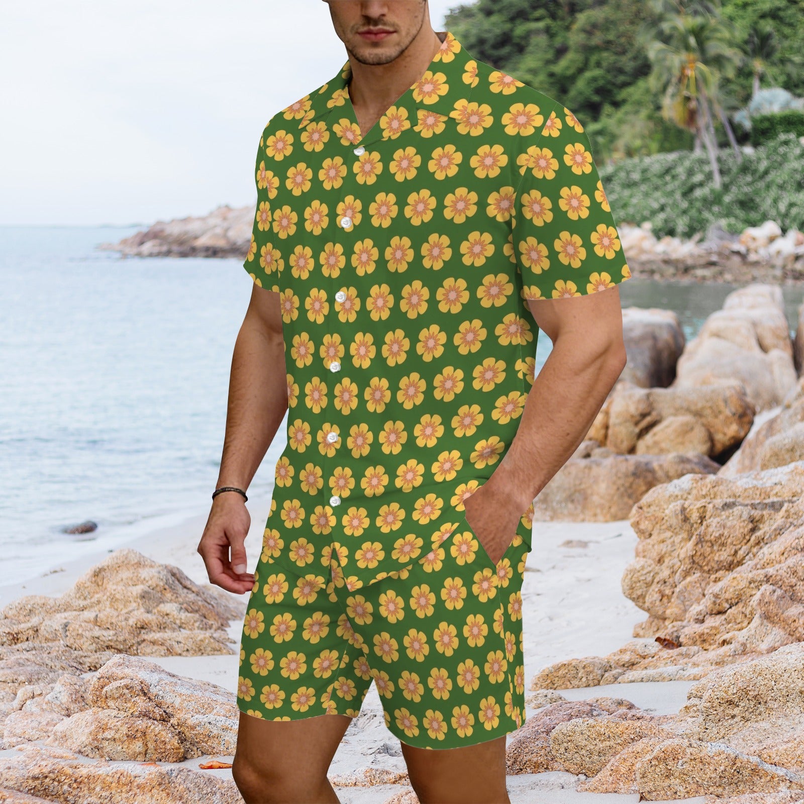 Yellow Flowers On Green Men's Hawaiian Shirt & Shorts Set