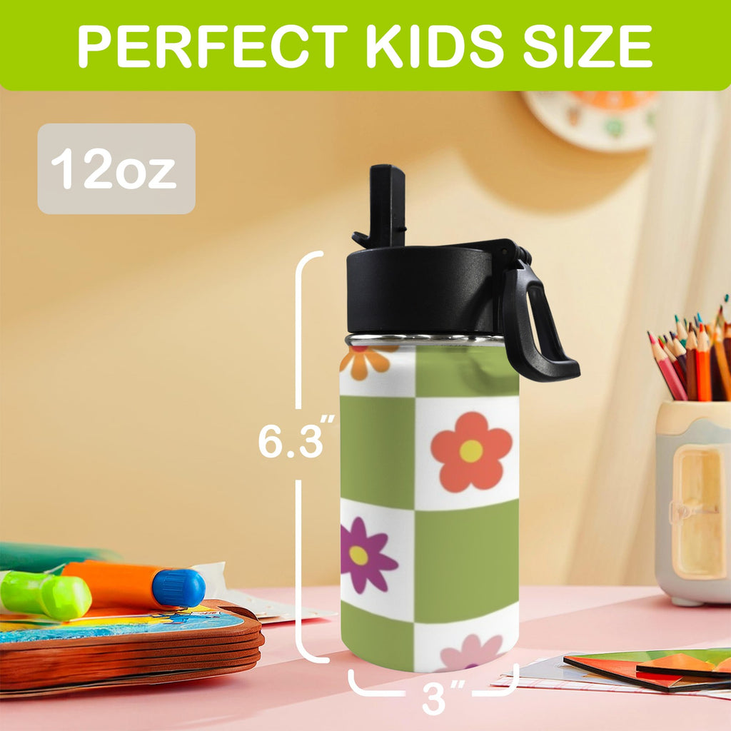 Flower Check 12oz Kids Water Bottle with Straw Lid