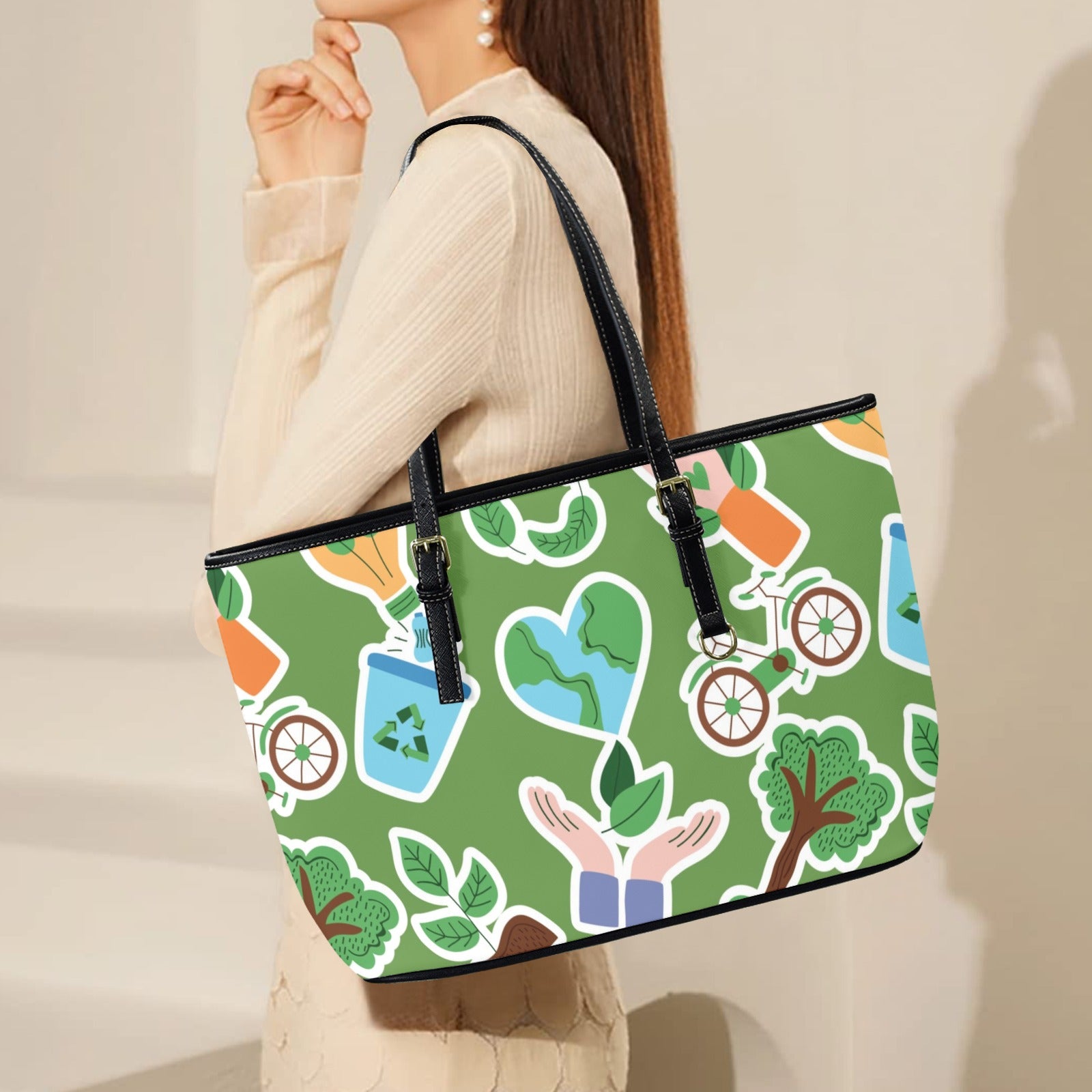 Earth Stickers - Leather Tote Bag-Large