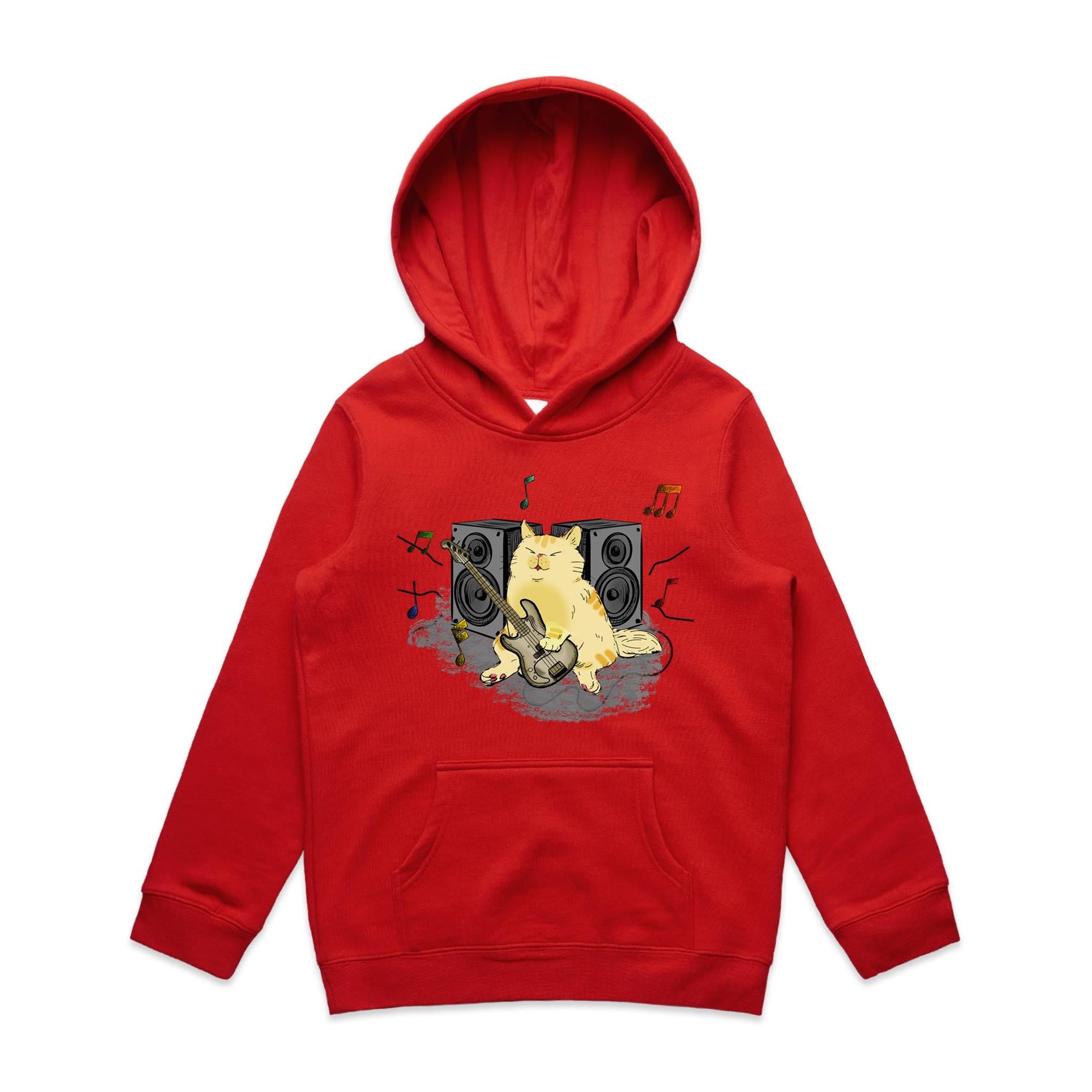 Cat Bass Player - Kids Hoodie Red Kids Hoodie Printed In Australia
