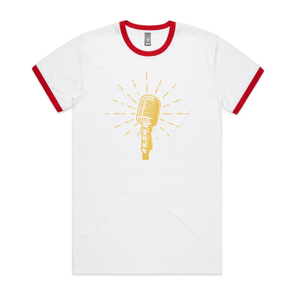 Retro Microphone - Staple Ringer Tee White Red Ringer T-Shirt Music Printed In Australia Retro