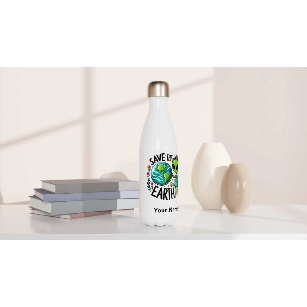 Personalised - Save The Earth, Alien - White 17oz Stainless Steel Water Bottle Personalised Water Bottle customise Environment Globally Fulfilled personalise Sci Fi