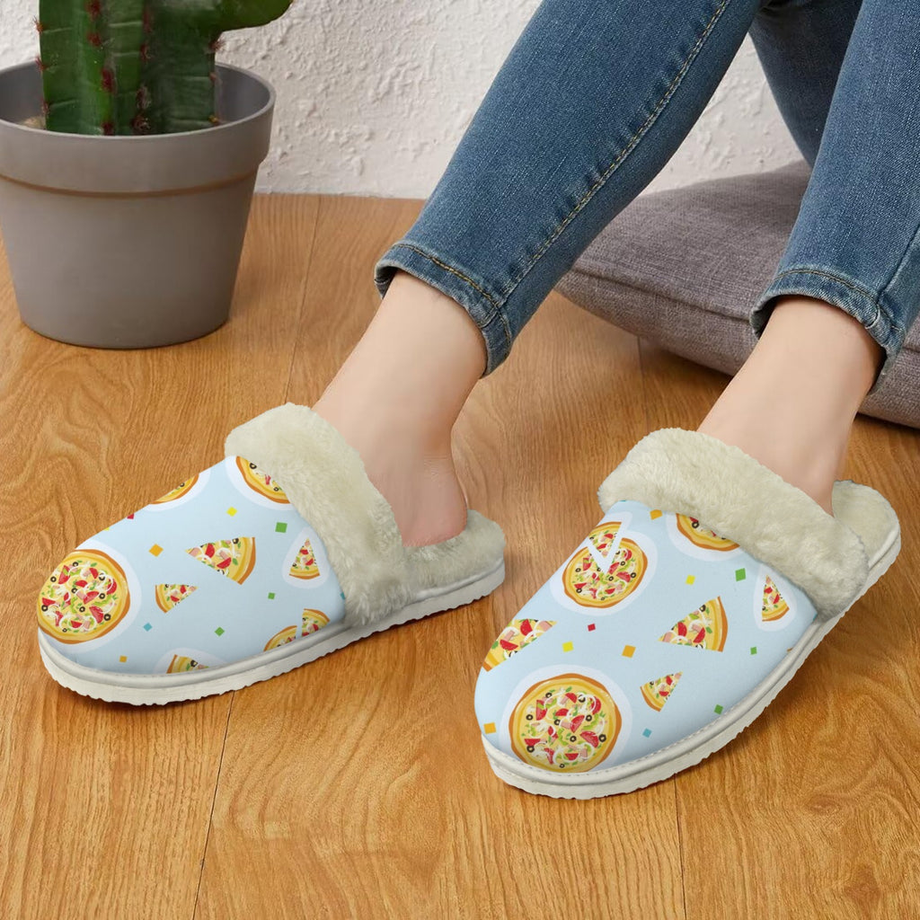 Pizzas On Blue Women's Fur Trim Thick-Sole Indoor Slippers Women's Fur Trimmed Slippers Food Printed Offshore
