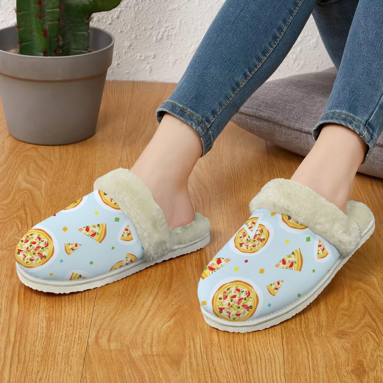 Pizzas On Blue Women's Fur Trim Thick-Sole Indoor Slippers Women's Fur Trimmed Slippers Food Printed Offshore