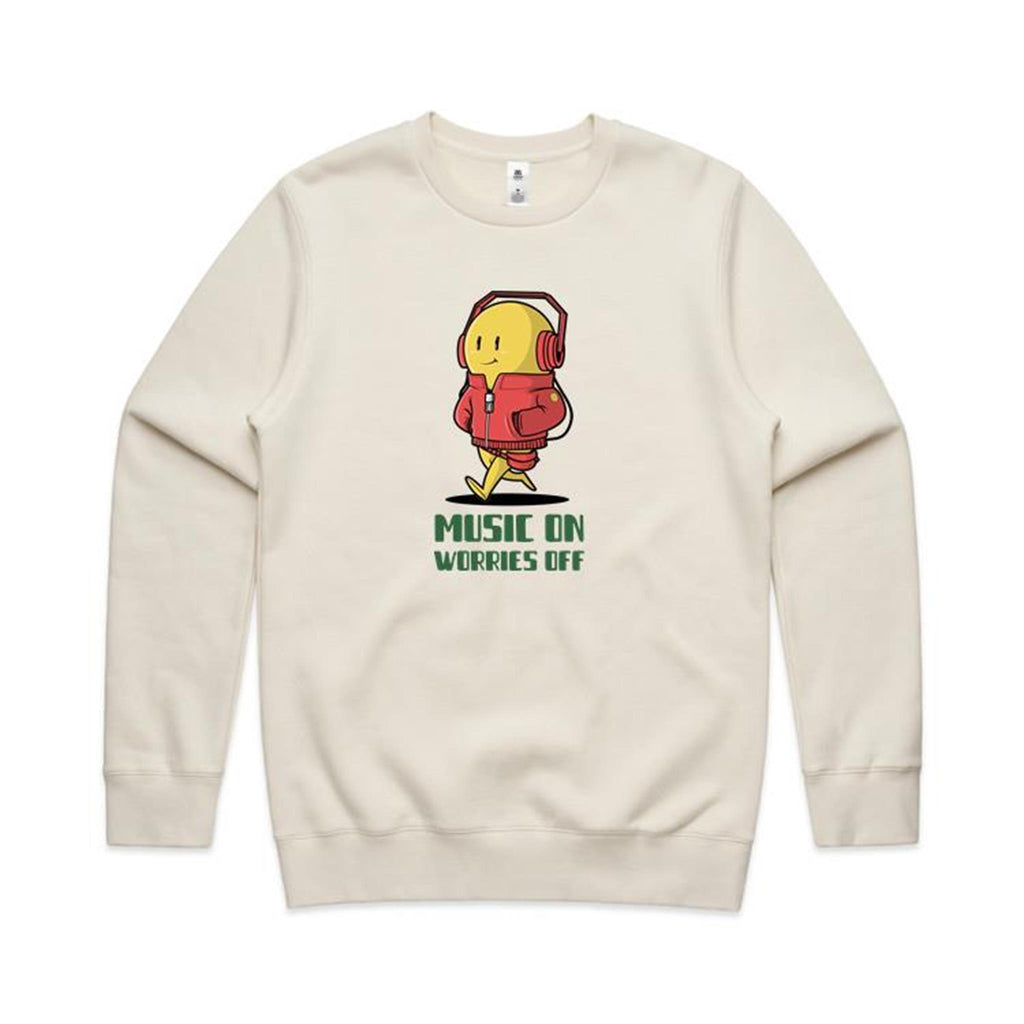 Music On, Worries Off - AS Colour Stencil Crew Ecru Sweatshirt Music Printed In Australia