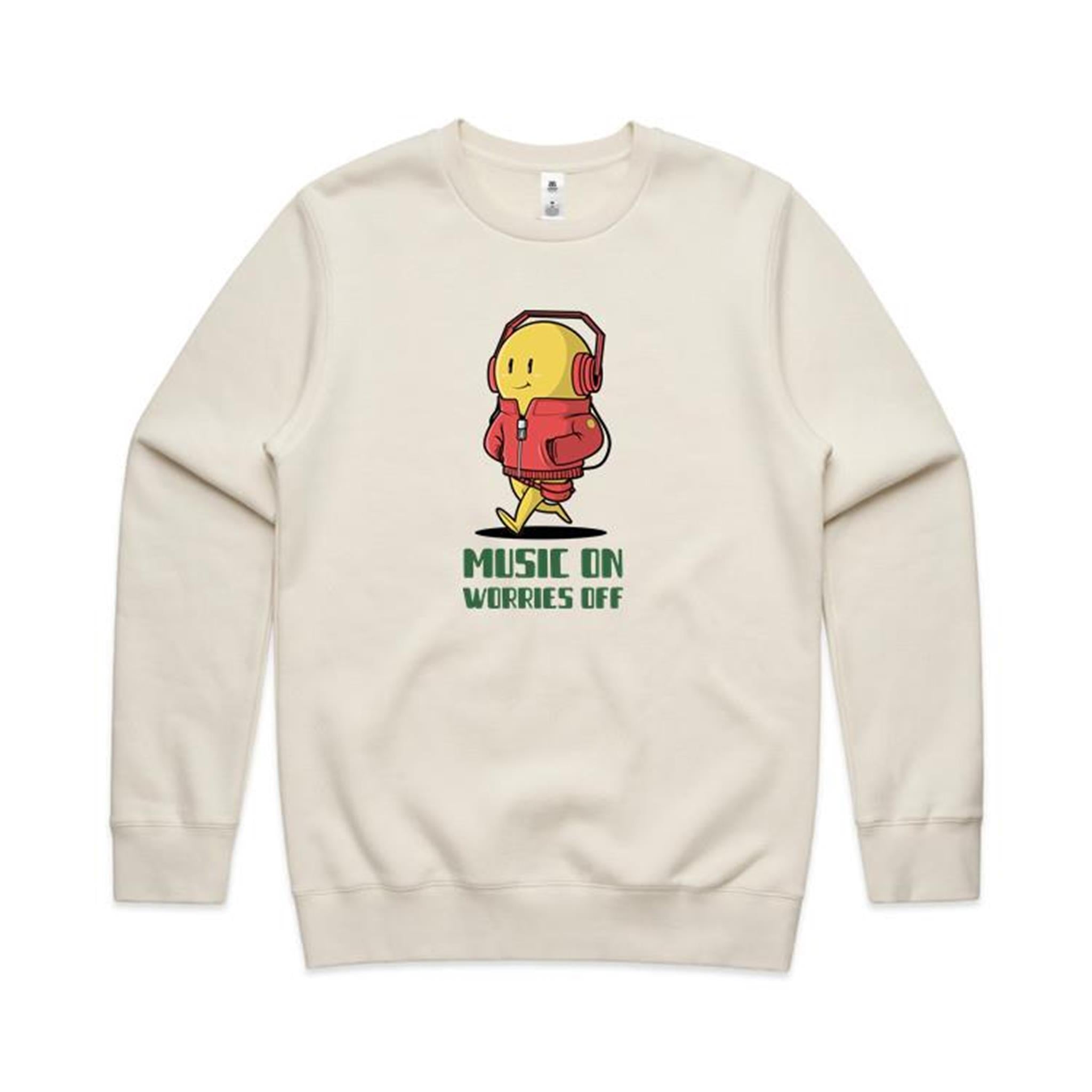 Music On, Worries Off - AS Colour Stencil Crew Ecru Sweatshirt Music Printed In Australia