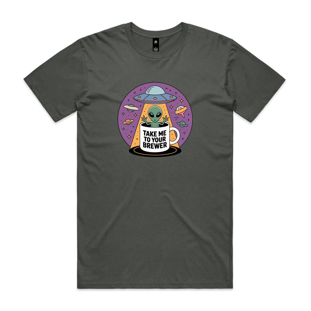 Coffee, Alien, UFO, Take Me To Your Brewer Men's AS Colour T-shirt Charcoal Mens T-shirt Coffee Printed In Australia Sci Fi