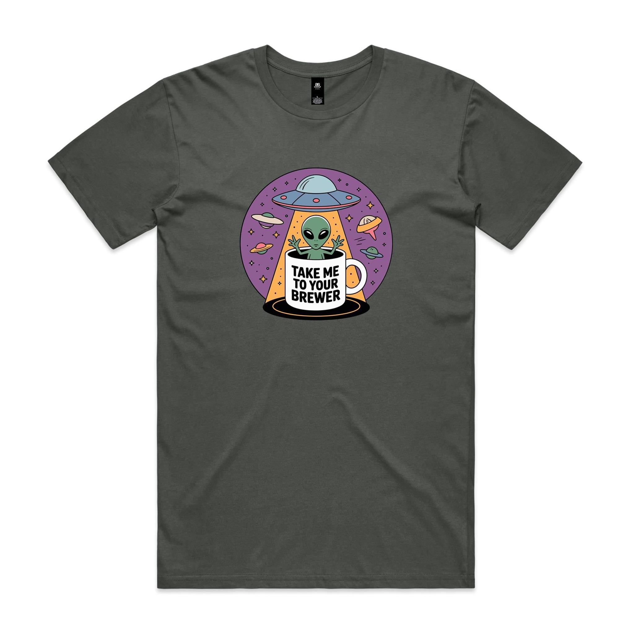 Coffee, Alien, UFO, Take Me To Your Brewer Men's AS Colour T-shirt Charcoal Mens T-shirt Coffee Printed In Australia Sci Fi