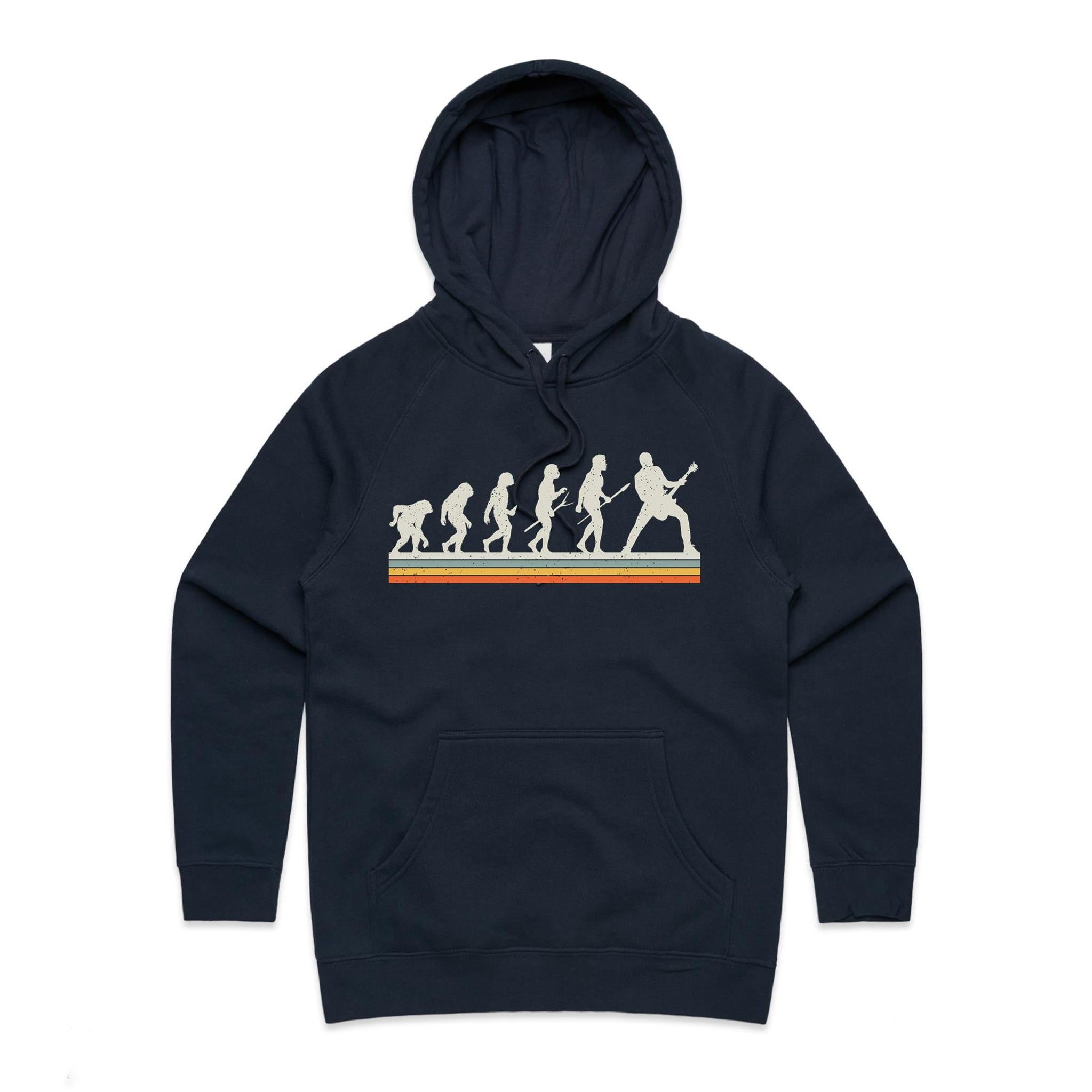 Guitar Player Evolution - Womens Hoodie Navy Womens Hoodie Music Printed In Australia