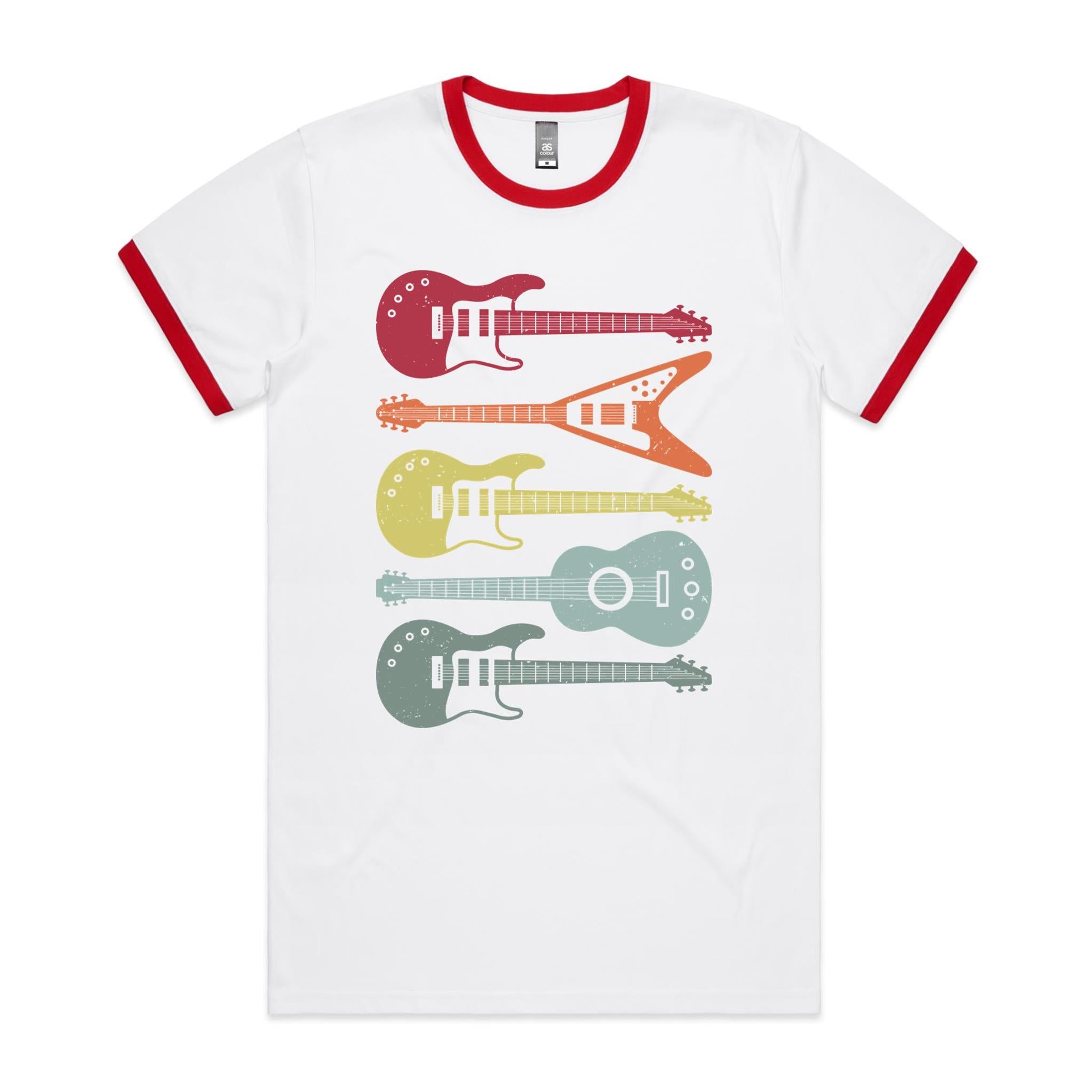 Retro Guitars - Staple Ringer Tee White Red Ringer T-Shirt Music Printed In Australia