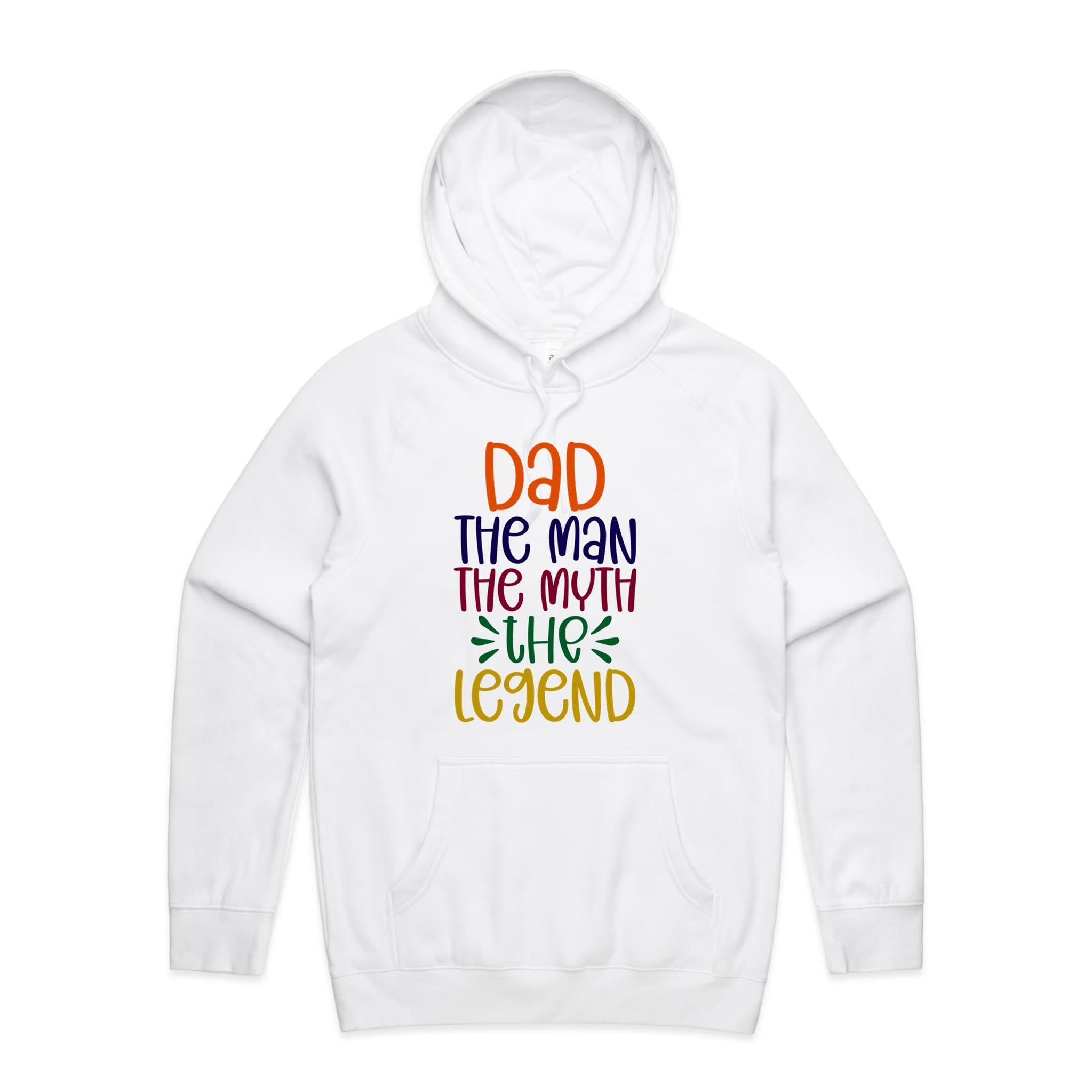 Dad, The Man, The Myth, The Legend - Mens Hoodie White Mens Hoodie Dad Printed In Australia