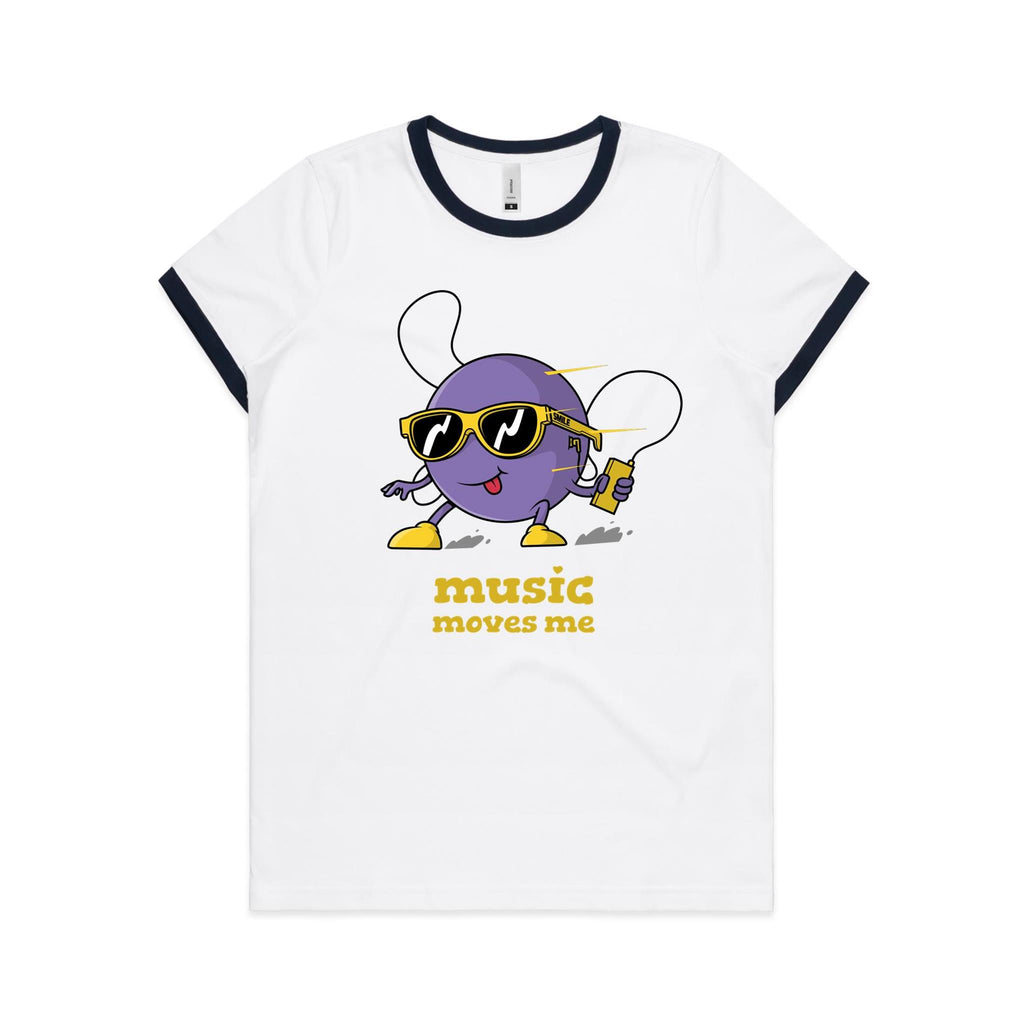 Music Moves Me - Women's Ringer Tee White Navy Womens Ringer T-shirt Music Printed In Australia