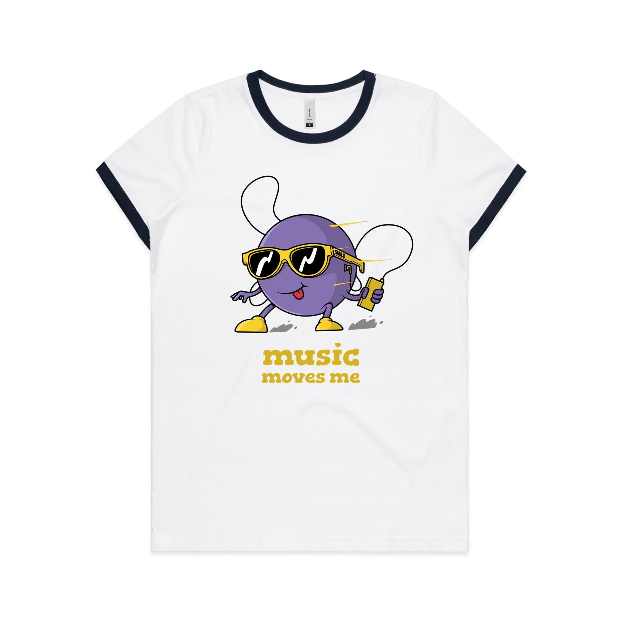 Music Moves Me - Women's Ringer Tee White Navy Womens Ringer T-shirt Music Printed In Australia