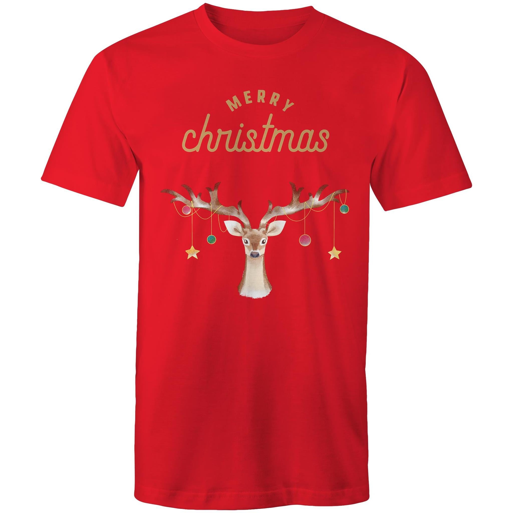 Merry Christmas, Reindeer - Mens T-Shirt Red Mens Christmas T-shirt Christmas Printed In Australia