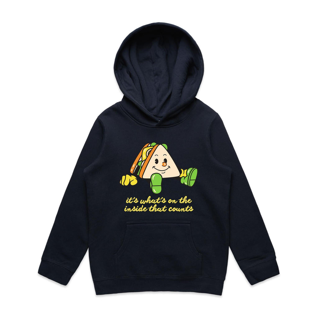 Sandwich, It's What's On The Inside That Counts - Kids Hoodie Navy Kids Hoodie Printed In Australia