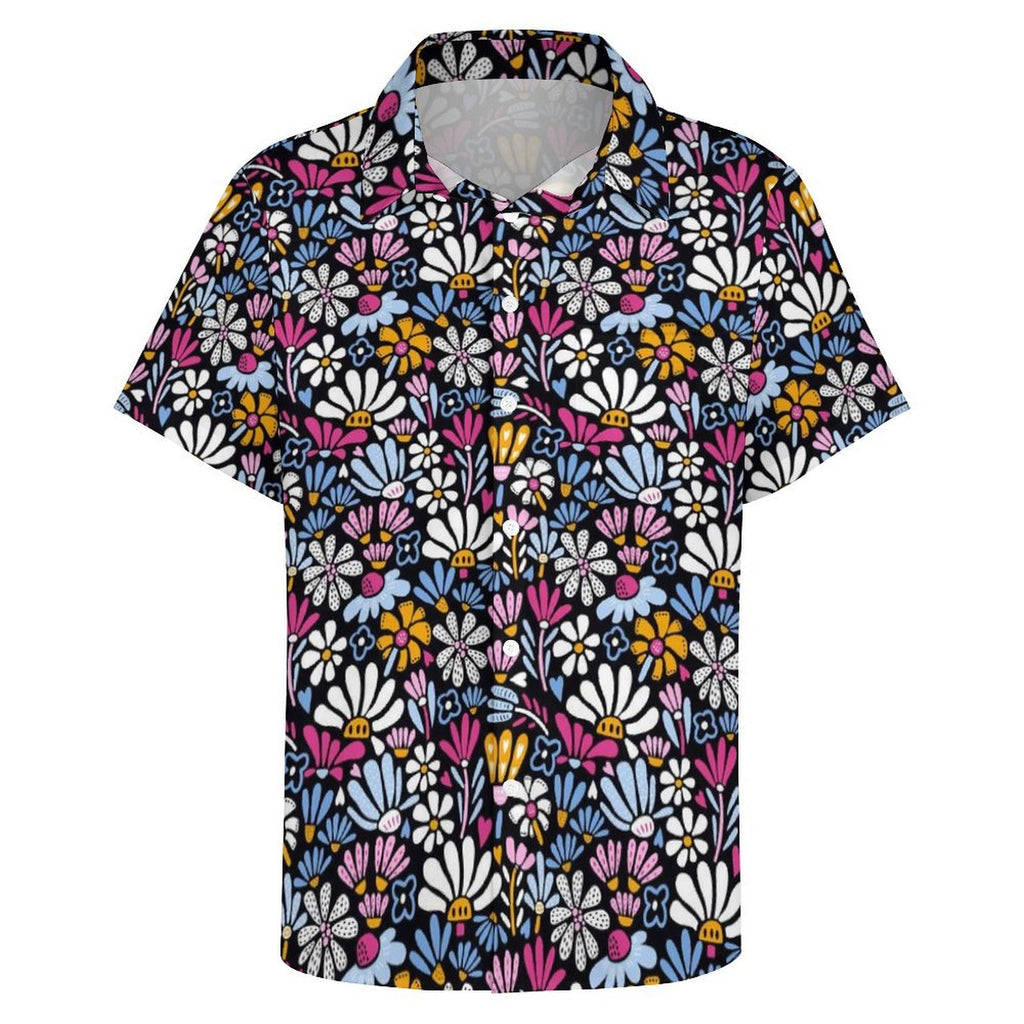 Graphic Flowers On Black Women's Short-Sleeve Button Up Shirt Women's Short-Sleeve Button Up Shirt Plants Printed Offshore