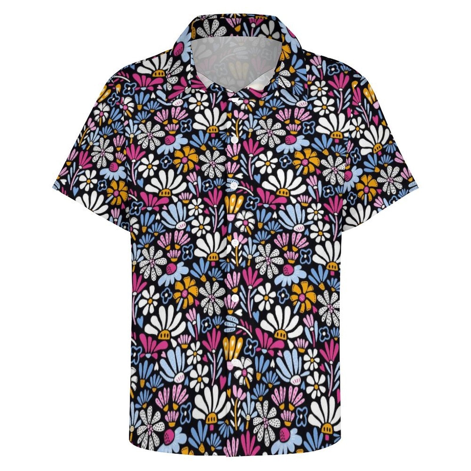 Graphic Flowers On Black - Women's Short-Sleeve Button Up Shirt