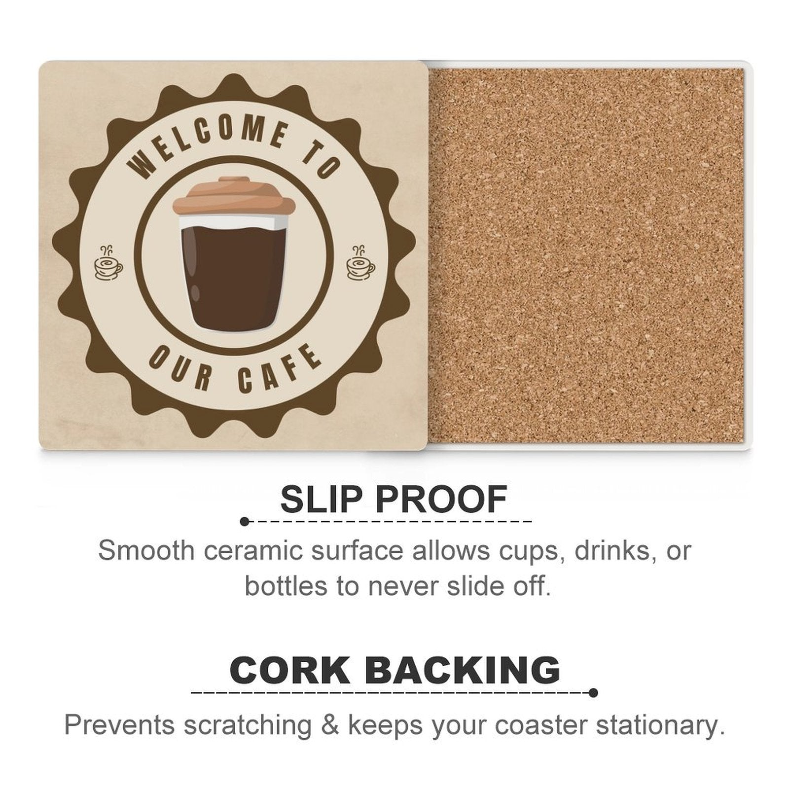 Welcome To Our Cafe - Ceramic Coasters (Square) Ceramic Coasters Coffee Printed Offshore