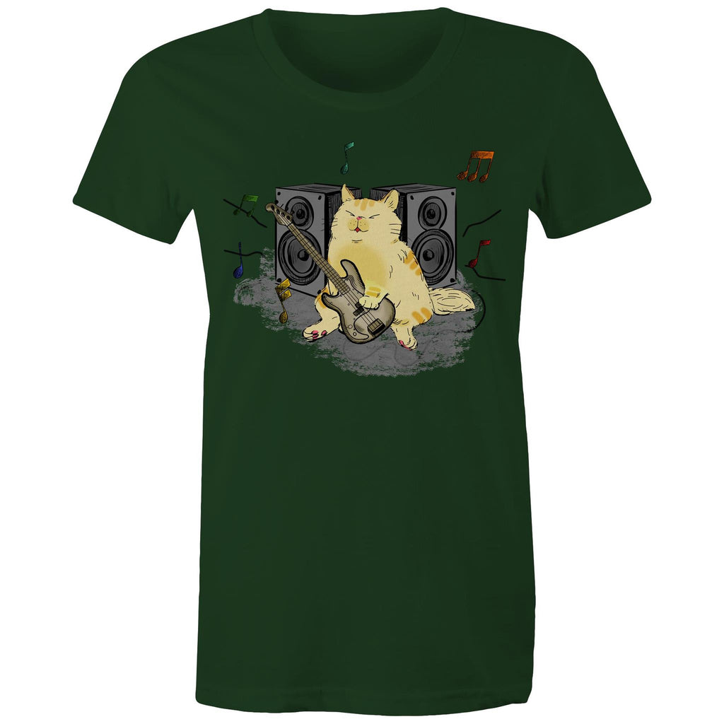 Cat Bass Player - Womens T-shirt Forest Green Womens T-shirt animal Music Printed In Australia