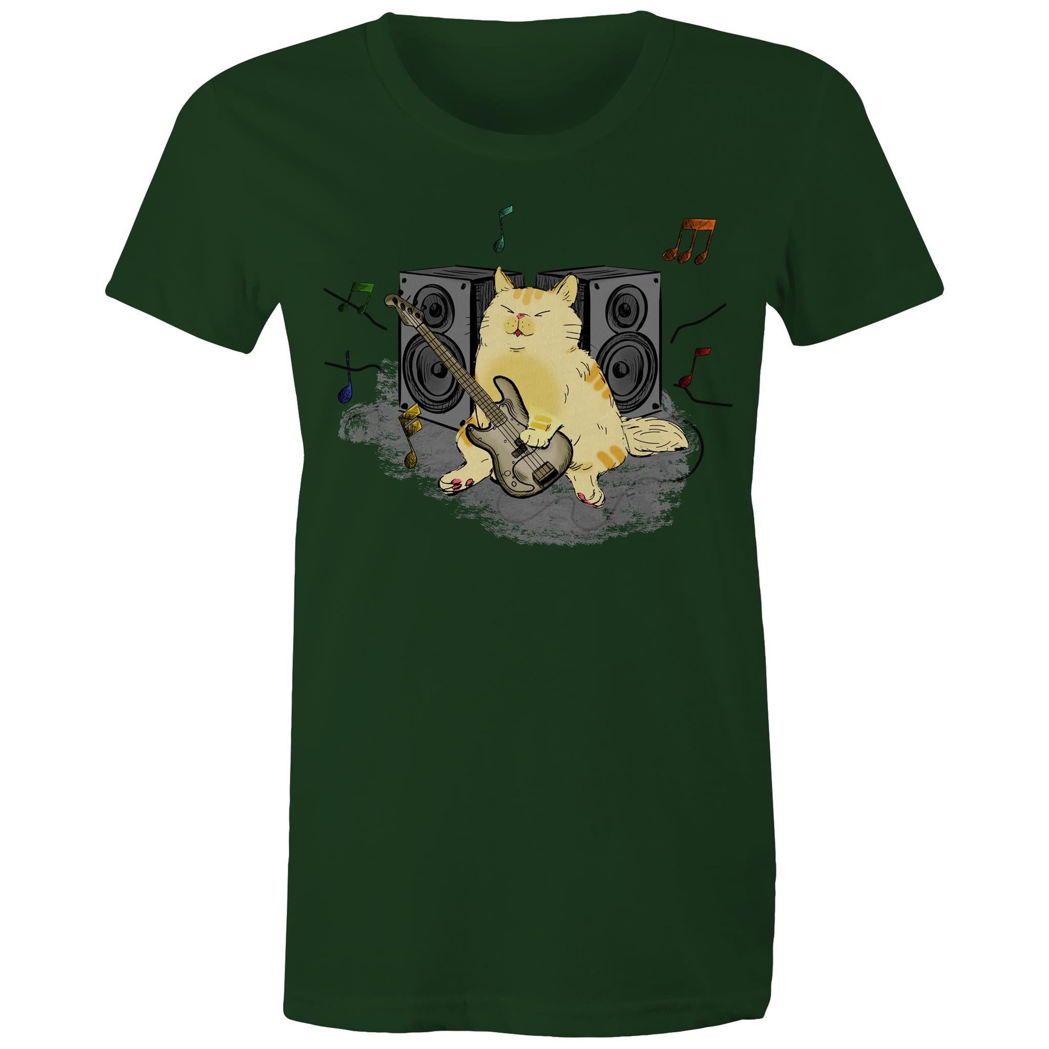 Cat Bass Player - Womens T-shirt Forest Green Womens T-shirt animal Music Printed In Australia
