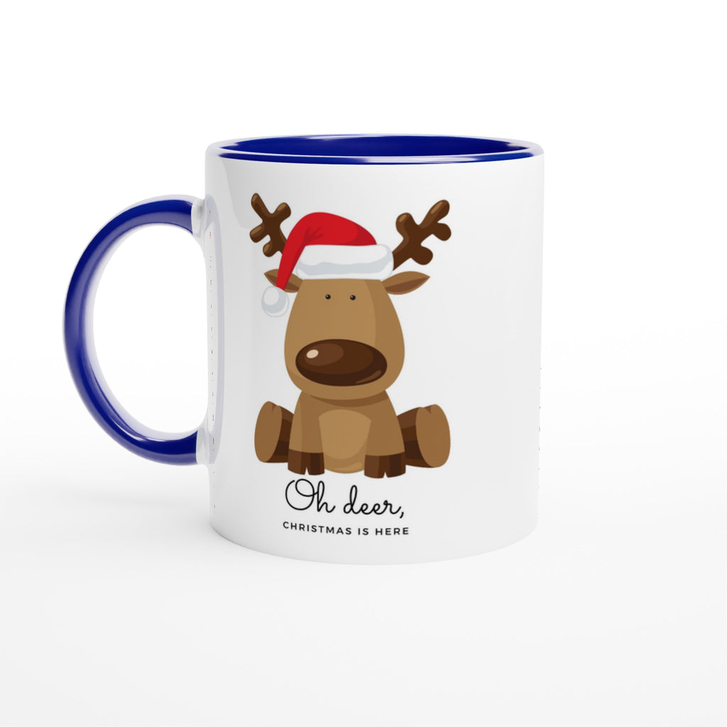 Oh Deer, Christmas Is Here - White 11oz Ceramic Mug with Colour Inside Ceramic Blue Christmas Colour Mug Christmas Globally Fulfilled