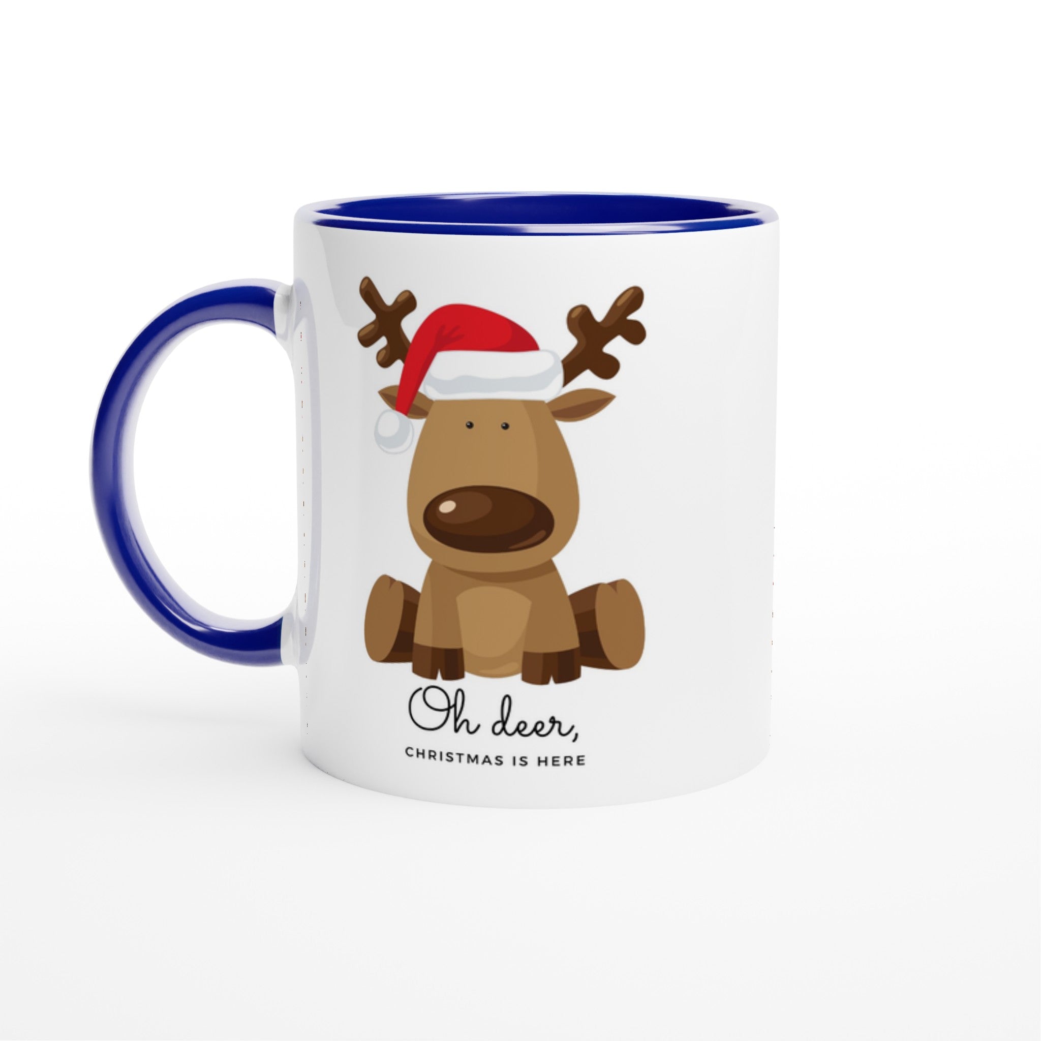 Oh Deer, Christmas Is Here - White 11oz Ceramic Mug with Colour Inside Ceramic Blue Christmas Colour Mug Christmas Globally Fulfilled