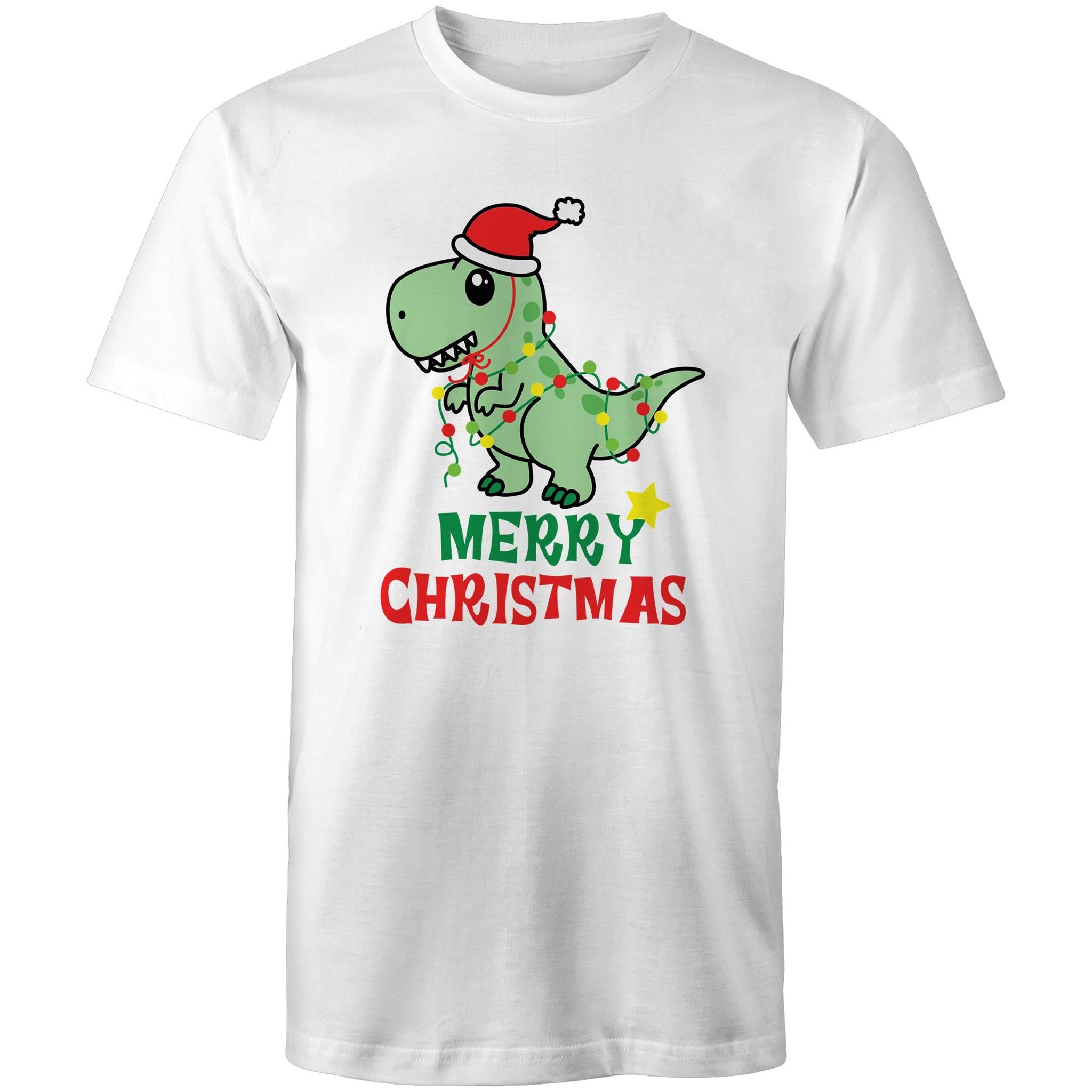 Dinosaur Santa, Merry Christmas - Mens T-Shirt White Mens Christmas T-shirt Christmas Printed In Australia