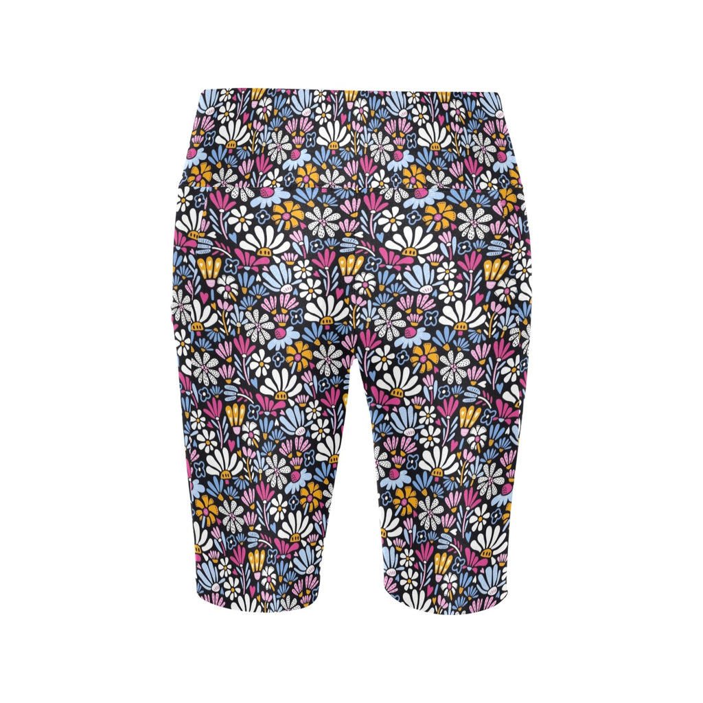 Graphic Flowers On Black Women's Bike Shorts With Side Pockets Women's Bike Shorts Plants Printed Offshore