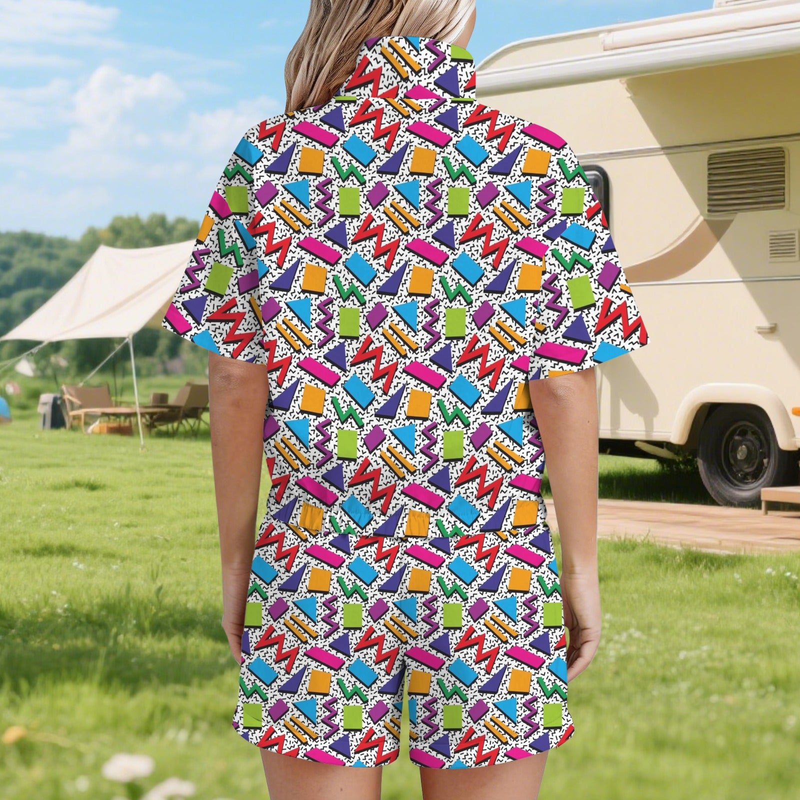 Graphic 80's Women's Windbreaker Short Set Women's Windbreaker Short Set Printed Offshore Retro