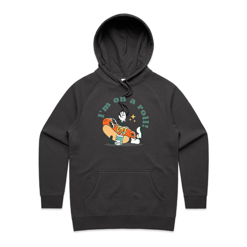 Hotdog, I'm On A Roll - Womens Hoodie Coal Womens Hoodie Food Printed In Australia