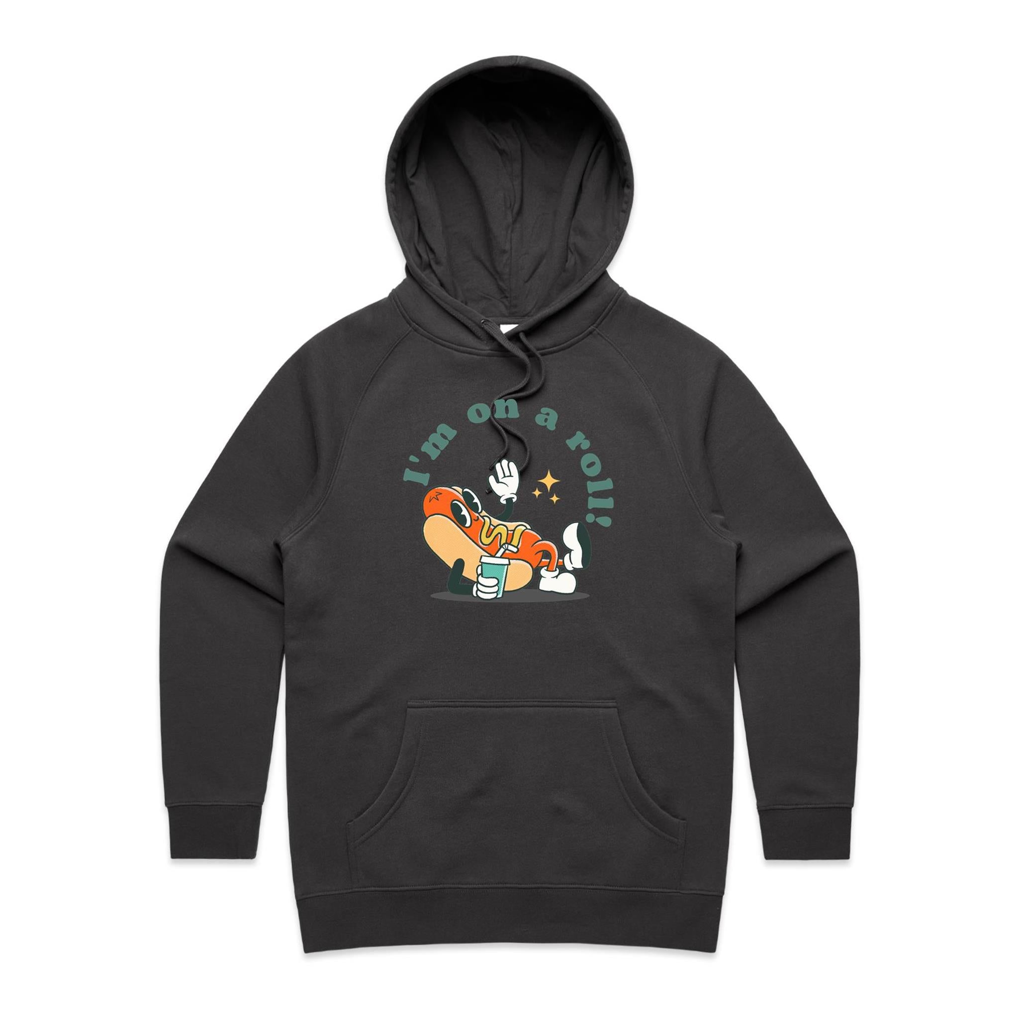 Hotdog, I'm On A Roll - Womens Hoodie Coal Womens Hoodie Food Printed In Australia