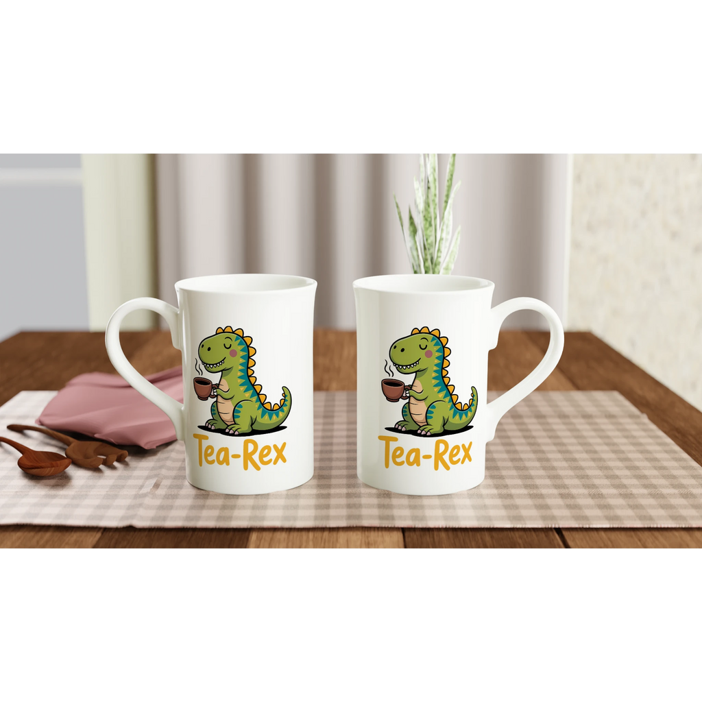 Personalised Tea-Rex, Tea Drinking Dinosaur White 10oz Porcelain Slim Mug Personalised Porcelain Mug animal Globally Fulfilled Tea