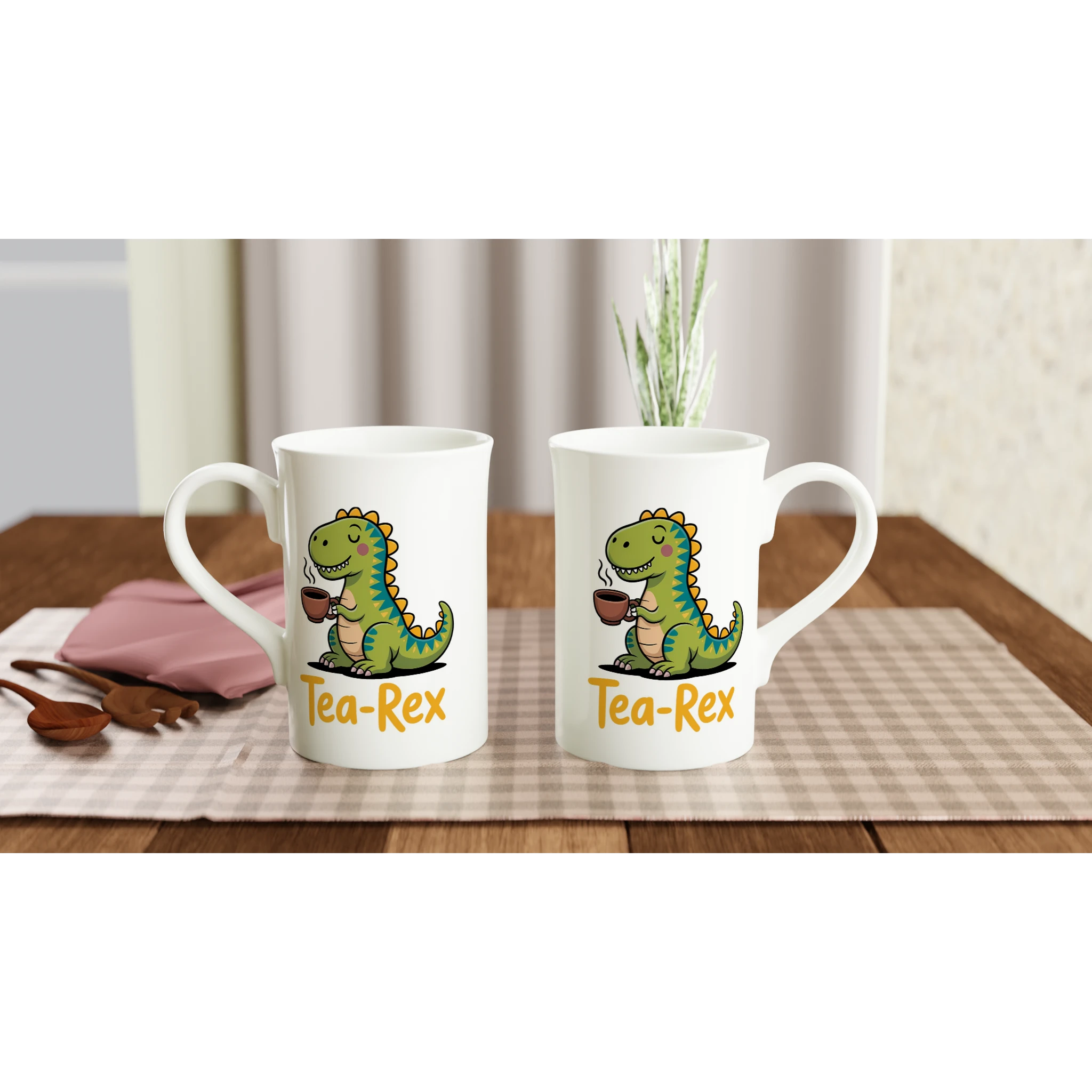 Personalised - Tea-Rex, Tea Drinking Dinosaur - White 10oz Porcelain Slim Mug Personalised Porcelain Mug animal Globally Fulfilled Tea