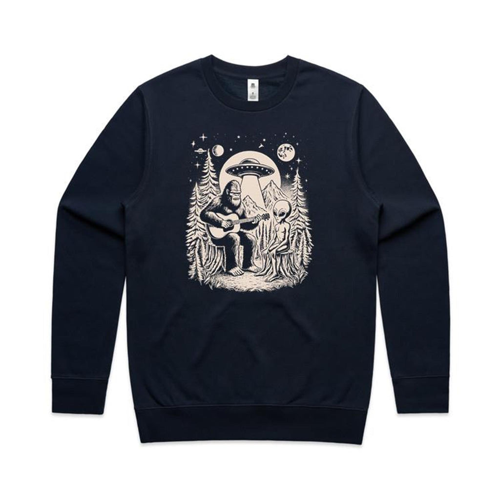 Alien And Bigfoot Playing Guitar - AS Colour Stencil Crew Sweatshirt Navy Sweatshirt Music Printed In Australia Sci Fi