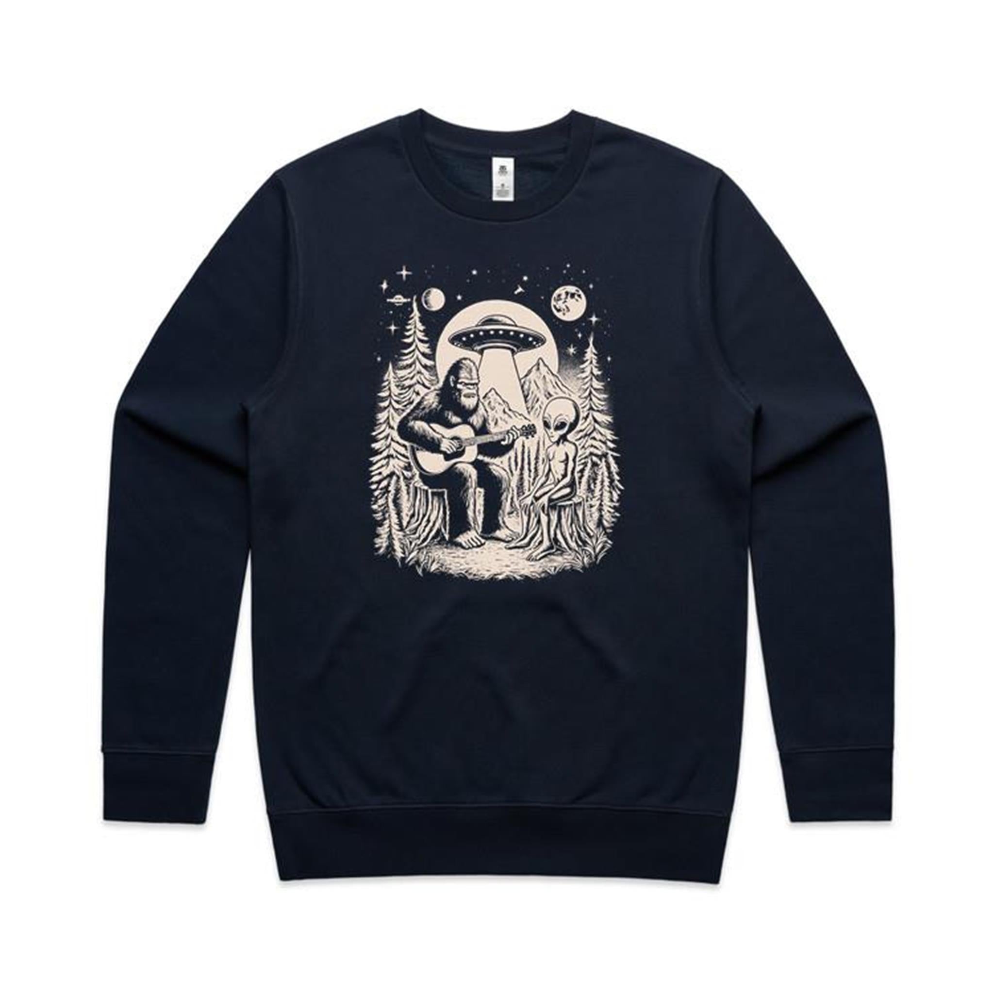 Alien And Bigfoot Playing Guitar - AS Colour Stencil Crew Sweatshirt Navy Sweatshirt Music Printed In Australia Sci Fi