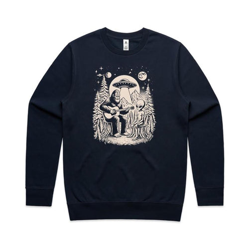 Alien And Bigfoot Playing Guitar - AS Colour Stencil Crew Sweatshirt Navy Sweatshirt Music Printed In Australia Sci Fi