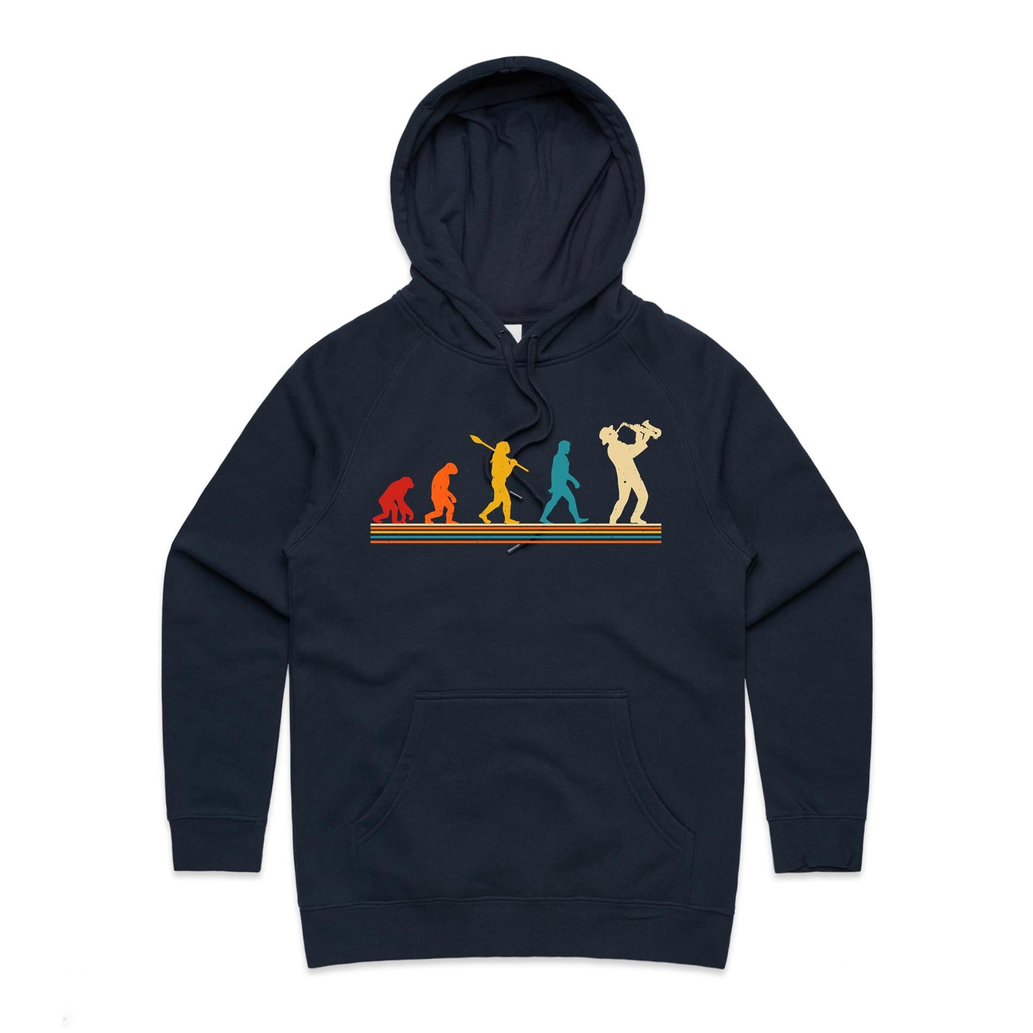 Saxophone Player Evolution - Womens Hoodie Navy Womens Hoodie Music Printed In Australia
