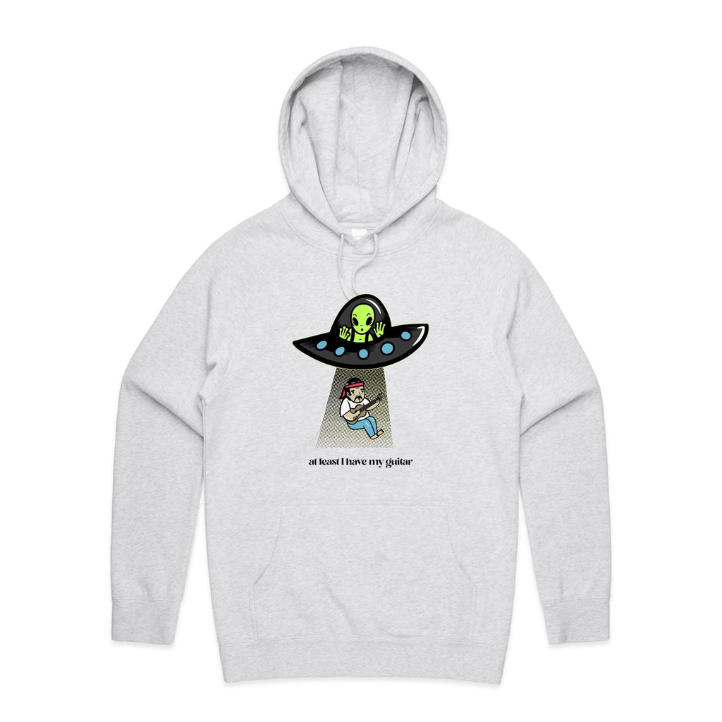 Guitarist Alien Abduction, At Least I Have My Guitar - Mens Hoodie White Marle Mens Hoodie Music Printed In Australia Sci Fi