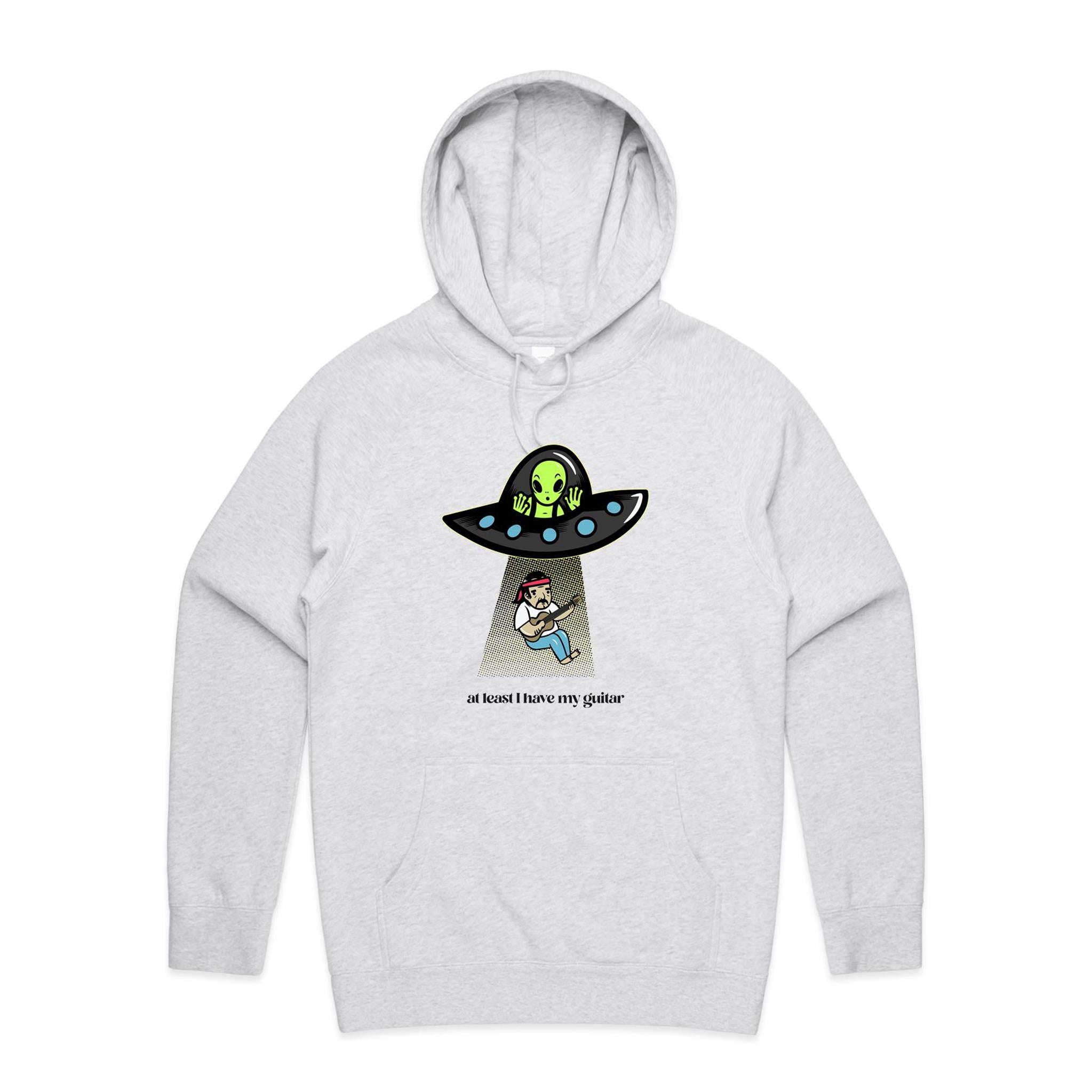 Guitarist Alien Abduction, At Least I Have My Guitar - Mens Hoodie White Marle Mens Hoodie Music Printed In Australia Sci Fi